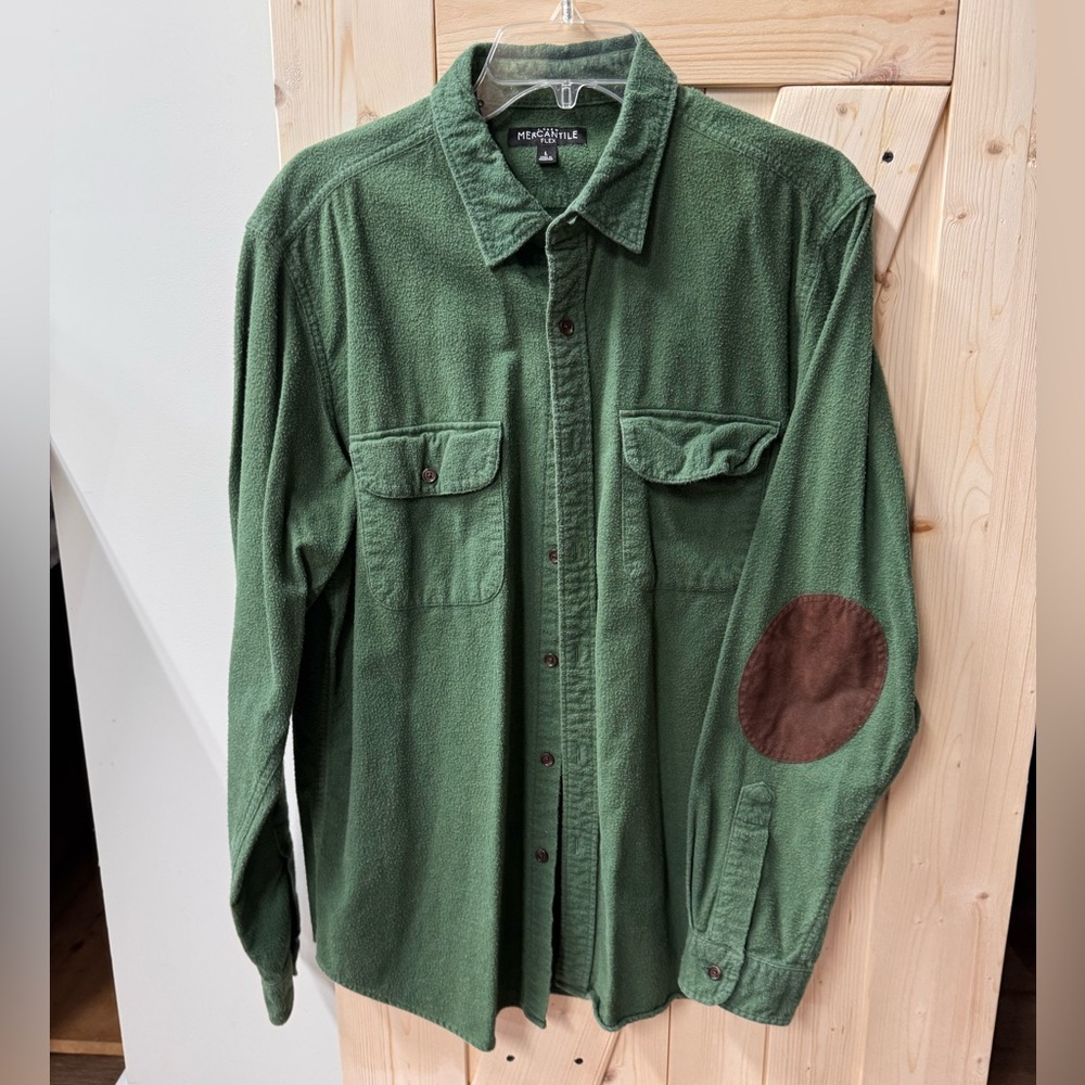 J. Crew Mercantile Flex Green Shirt with Brown Elbow Patch